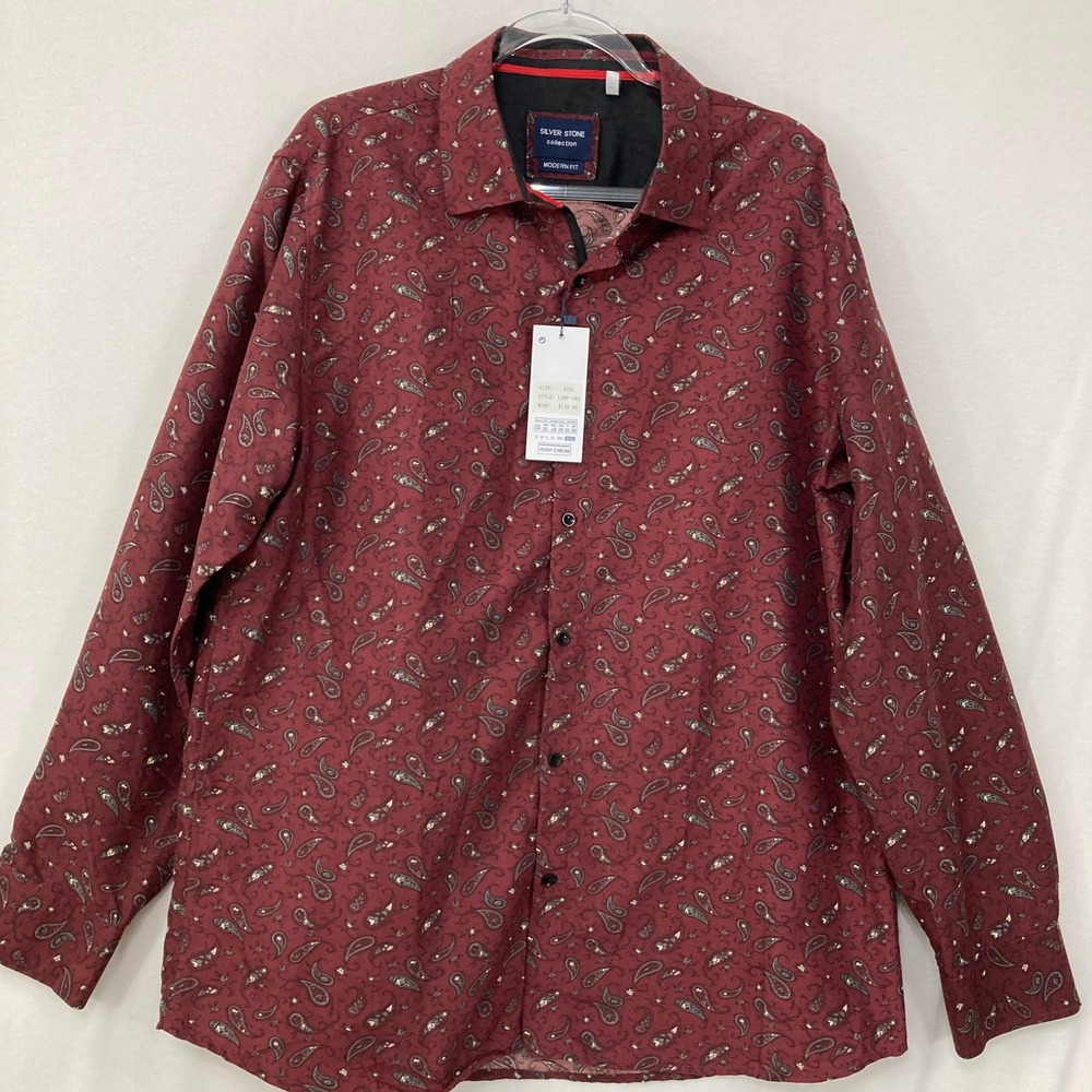 New Silver Stone Button Down Shirt size XXL Burgundy Paisley Modern Fit Preppy